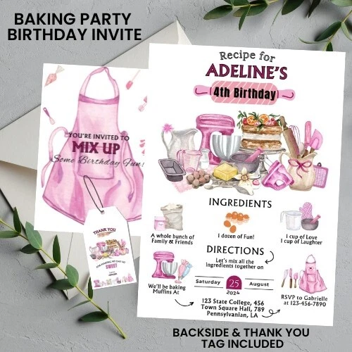 Video de 2 temas de graduación/cumpleaños Baking Chef invitación frontal gratuito y etiqueta de agradecimiento Foto 1 de 4