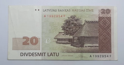 2007 - Latvijas Bankas Naudas , LATVIA -20 Latu / Lati Banknote, No. A 1992954 F Cover