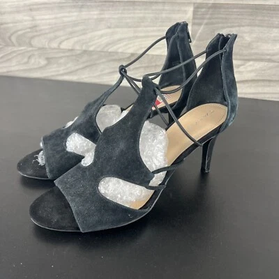 Sandalias Tahari Dara con tiras para mujer talla 8,5 M negras gamuza punta abierta tacones con cremallera Foto 1 de 4