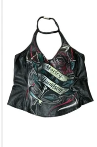 Harley Davidson Leather Halter Top Rose Small Black Y2K Biker Side Zip Choker - Picture 1 of 12