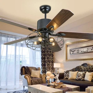 52'' Farmhouse Ceiling Fan Lamp Industrial Rustic Metal Cage Pendant Fan Remote! - Picture 1 of 12