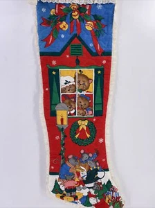 Vtg Jumbo Quilted Christmas Stocking Mice Cat Family Mouse Kitten Eyelet Trim - Picture 1 of 12