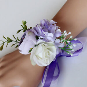 Wedding Wrist Corsage & Boutonniere Artificial Rose White/Purple