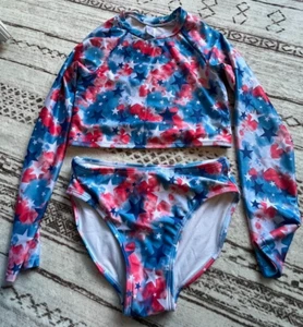 Cat & Jack Girls patriotic 2 piece swimsuit with long sleeve top size XL(14) - Picture 1 of 3