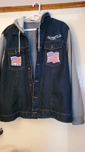 Men's Jean Jacket, Fleece Sleeves & Hood, Sz. 2XL, Flag Deco+ - Picture 1 of 6