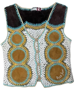 Vintage Harpees Calf Leather Crochet Button Front Vest Groovy 60s 70s Hippie - Picture 1 of 10