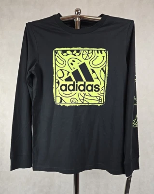 Adidas Niño Camisa Talla Grande Manga Larga Negra Camiseta Gráfica Camiseta Activa Nueva con Etiquetas Foto 1 de 4