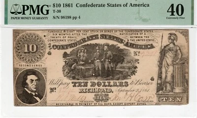 T-30 PF-3 $10 1861 Confederate Paper Money - PMG Extremely Fine 40! - Image 1 of 2