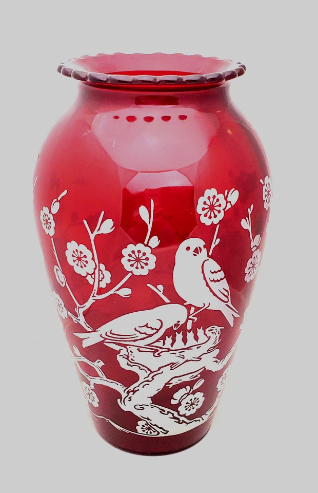 Vintage Anchor Hocking Ruby Red Vase with White birds on Blossom Branch Motif 9" - Image 1 of 4