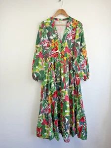 Boden Dress Uk Size 10 Maxi Blouson Cotton Green Jungle Amelia Tropical VNeck - Picture 1 of 12