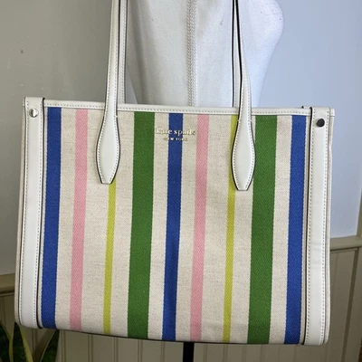 Bolso de Mano Kate Spade NY NUEVO CON ETIQUETAS Breezy Rainbow Rayas Multicolor Lona Cuero Cartera Foto 1 de 4