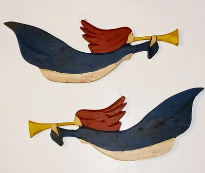 2 Vintage Primitive Christmas ANGELS Blowing Horn Wood Wall Plaques Hand Painted - Image 1 of 4