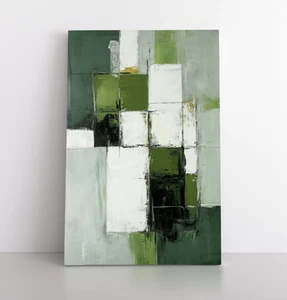 Impresión moderna de pintura abstracta verde blanca sobre lienzo enmarcado arte de pared minimalista - Imagen 1 de 16