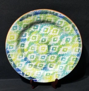 Pier 1 Monteo Dinner Plate Blue Green Geometric Diamonds Terracotta 11" Portugal - Picture 1 of 9