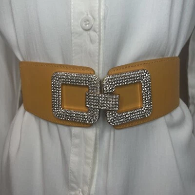 Mustard yellow PU leather buckle with rhinestones details elastic waistband belt - Image 1 of 4
