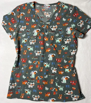 Vet/ Nurse Ladies Scrub Top Shirt Cat Dogs V-neck Polyester Elastane Stretch - image 1 of 4