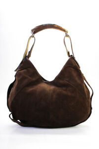 Yves Saint Laurent Womens Suede Wood Handle Shoulder Handbag Brown