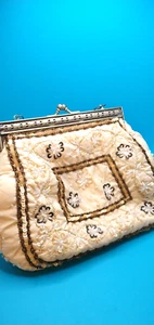 Vintage Beige Evening Handbag Embroidered and Beaded in Floral Pattern - Picture 1 of 7