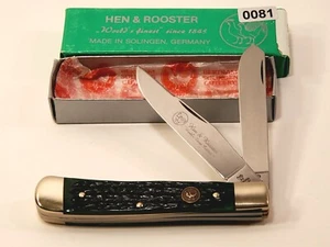 Vintage HEN & ROOSTER 2 Blade trapper-SOLINGEN GERMANY. Green Jigged Bone. MINT  - Picture 1 of 22