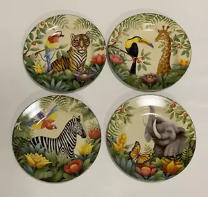 4 Sakura Jungle Animals Salad Plates Stephanie Stouffer Giraffe Toucan Stoneware - Picture 1 of 17
