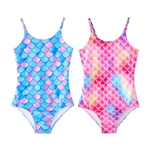 Kids Girls Mermaid Surfing Fish Scales Print Beach Swimsuit Spaghetti Straps - Picture 1 of 29