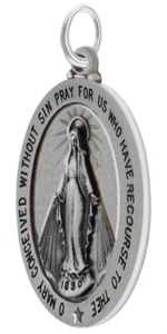 Small 21mm Oval 0.925 Sterling Silver Miraculous Virgin Mary Medal Pendant - Picture 1 of 7