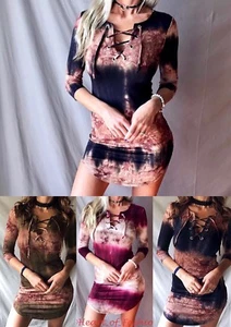 Tie Dye Lace Up V-Neck Bodycon Round Hem Stretchy Mini Dress 3/4 Sleeve Tunic - Picture 1 of 23