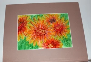 "Sunflowers" -Alcohol Ink Painting 5"X7" - 8"X10" Pro Beveled Mat - Picture 1 of 2