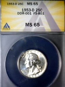 1953d ERROR ANACS MS65 DOUBLED DIE Rv Washington Quarter Coin CHERRY Pik FS -801 - Picture 1 of 10