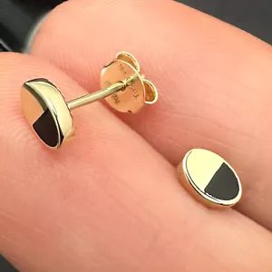 14K Real Gold Oval Black Onyx Split Design Stud Earrings 6mm - Picture 1 of 8