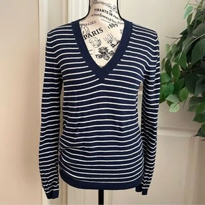 J. Crew Factory Striped V-Neck Cotton Sweater Blue Sz S - Picture 1 of 16