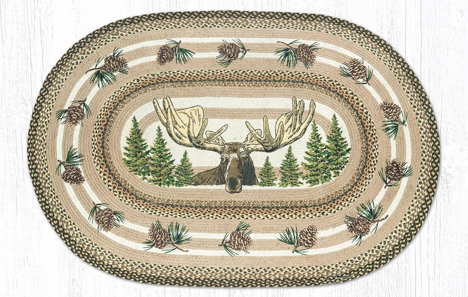 Braided Jute Painted Stenciled Oval Area Rug. BULL MOOSE. Earth Rugs. 4 Sizes - Image 1 of 1