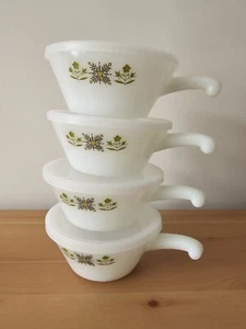 Set of 4 Anchor Hocking Fire King Milk Glass Oven- Proof Handled Lid Soup Bowls - Picture 1 of 13
