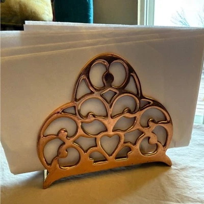 Vintage Brass Filigree Napkin Holder – Made in India – Heart & Scroll Design - Image 1 of 4