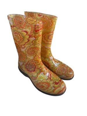 Bota de lluvia psicodélica groovy floral amarillo naranja Sloggers nueva sin caja para mujer talla 10” Foto 1 de 4