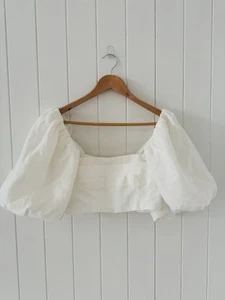 SHEIKE Crop Top Blouse Size 6 Off White Short Puff Sleeve Zip Up Linen Blend - Picture 1 of 12