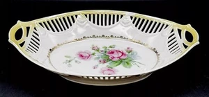ACS BAVARIA Germany Reticulated Oval Bowl Dish 10.6” Hand Painted Roses Handles - Picture 1 of 7
