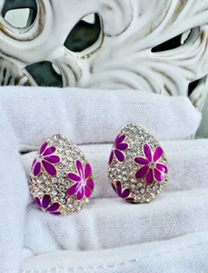 KIRKS FOLLY Gold Tone Pink Enamel Flower Pave' Rhinestone Statement Earrings - Picture 1 of 6