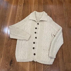 Vtg Cable Knit Hand Made Wool Fishermans Cardigan Sweater Women L Cream Chunky - Picture 1 of 8