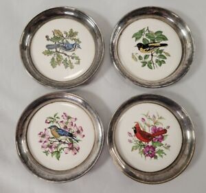 Vintage Sheriden Silver Set of 4 Silver Plated Porcelain Inserted Coasters Birds