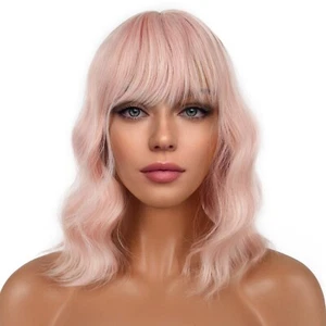 Short Bob Wig with Bangs for Women Wavy Shoulder Length Bob - Peach Fuzz - Picture 1 of 6