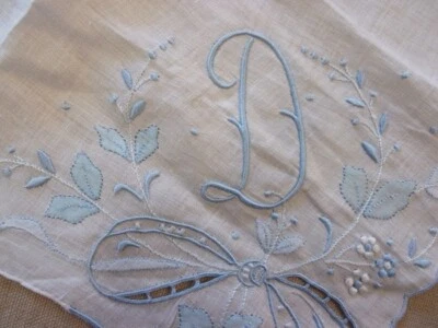 Новый с Ярлыками винтажный MADEIRA монограмма D белый синий льняной свадебный HANKIE свадьбы - Изображение 1 из 4