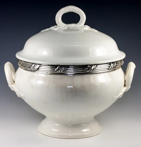 Antique French Faience Soup Tureen with Sterling Silver Collar, White Pottery Cover