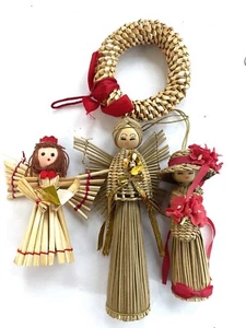 Vintage Handcrafted Straw Raffia Angel Doll Wreath Christmas Ornaments USA - Picture 1 of 7
