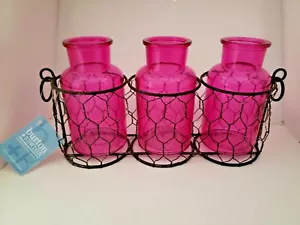 Set of 3 Pink Glass Jars Chicken Wire Basket Flower Container Rustic Primitive - Picture 1 of 4