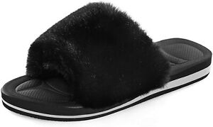 Womens Slide Open Toe Slippers Flat Fuzzy Fluffy Fur Slip On House Shoes US Size