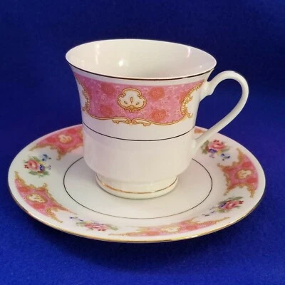 Juego de 6 tazas/platillos de porcelana fina verdaderamente sabrosa inserciones rosas rollos bronceados florales Foto 1 de 2