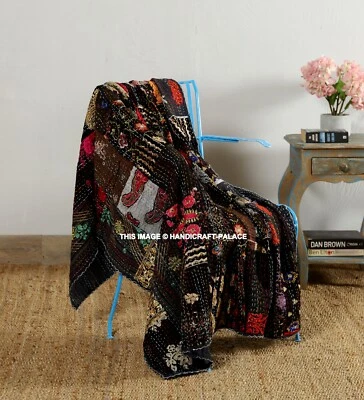 Patchwork Kantha Quilt Throw Handmade Cotton Indian Bed Sofa Blanket Black 65" - Image 1 of 4