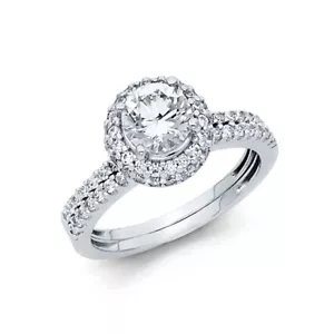 14k White Gold CZ Doubl Halo Solitaire Bridal Set Wedding Engagement Ring Band - Picture 1 of 1