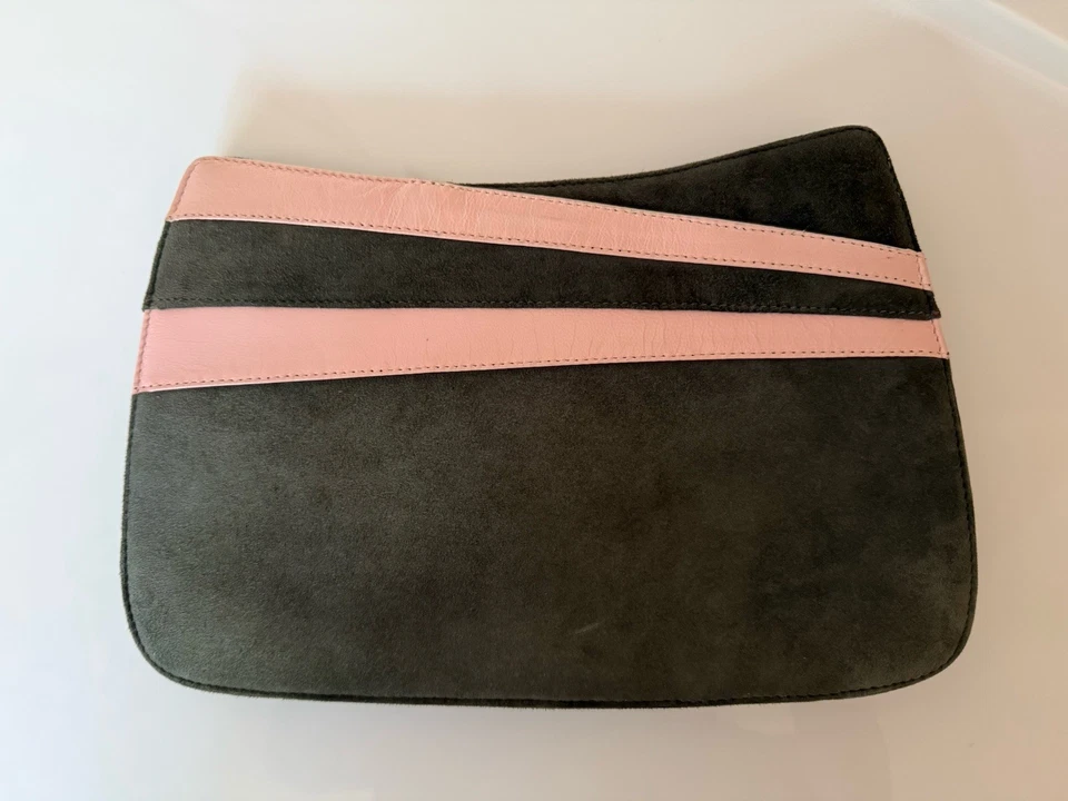Jacques Vert Dark Green Suede Clutch Bag Purse Pink Leather Trim Snap Closure - Image 1 of 4